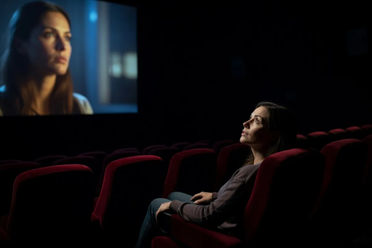 Spectatrice dans une salle de cinéma obscure, visage éclairé par l'écran