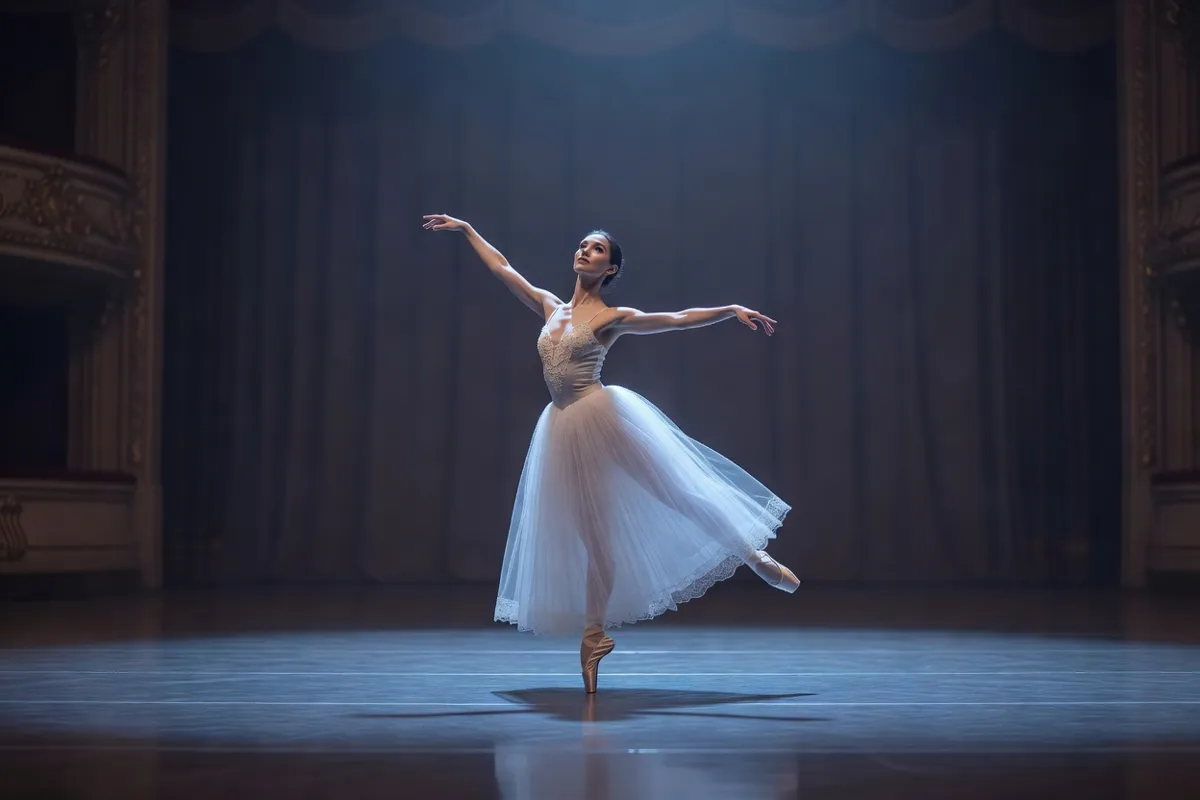 Danseuse en tutu romantique sur une scène de théâtre sous une lumière bleutée