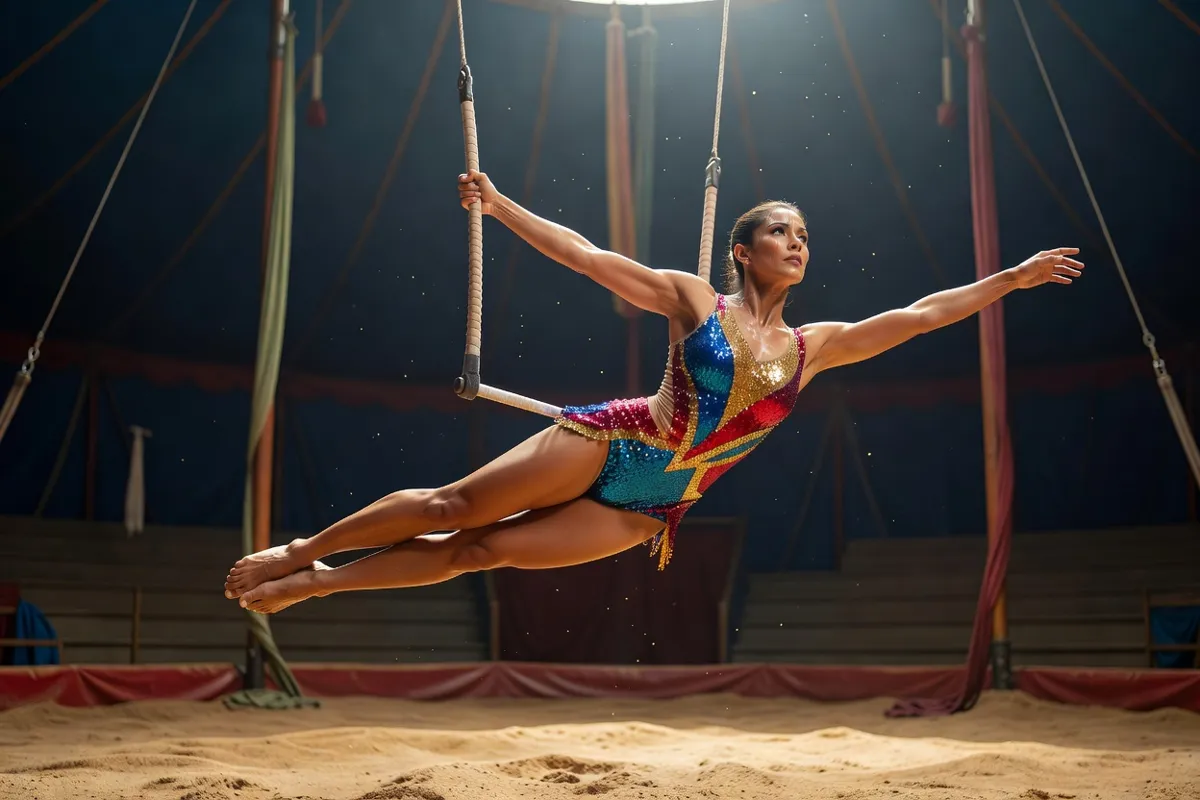 Acrobate en costume coloré sur un trapèze sous un chapiteau