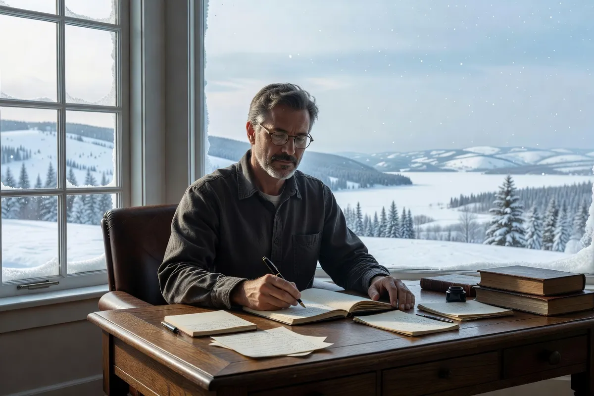 Écrivain écrivant à la plume à son bureau devant une fenêtre sur la neige