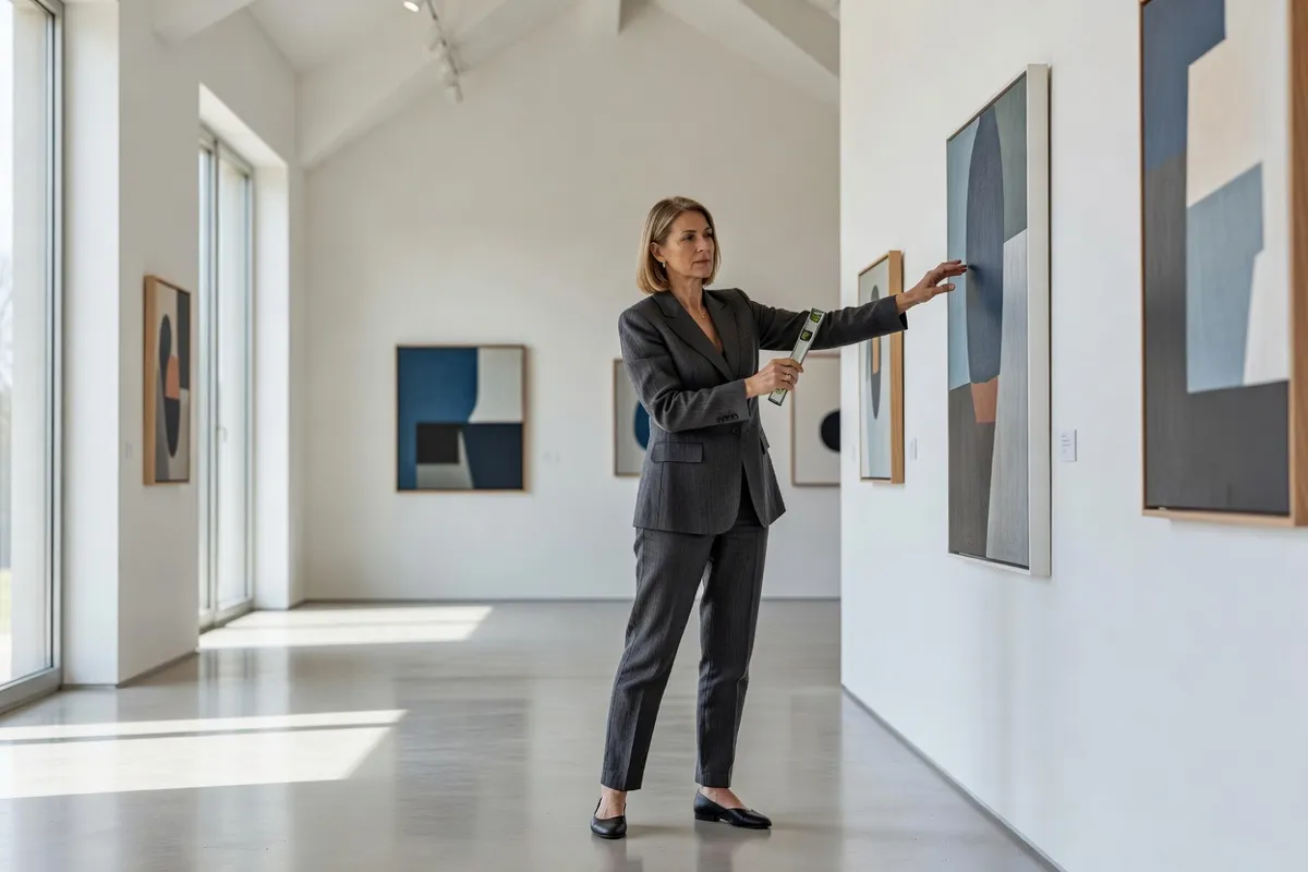 Galeriste installant des pièces dans un espace d'exposition lumineux