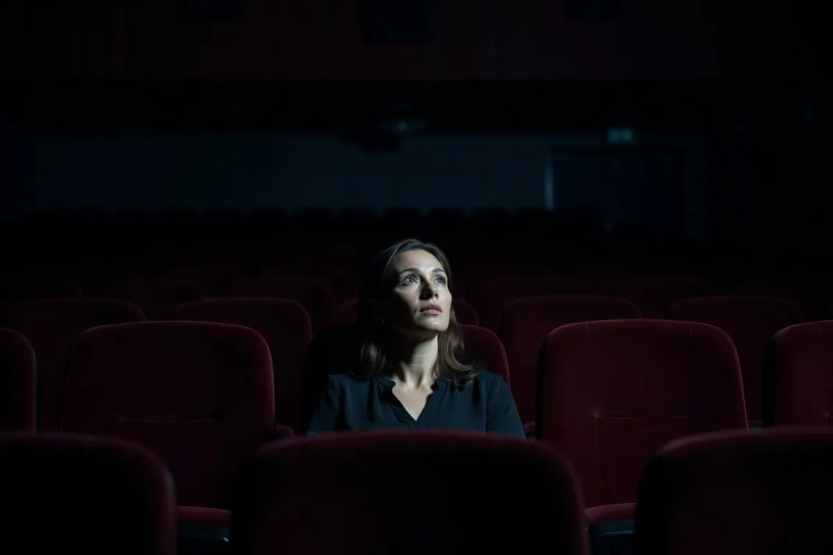 Spectatrice dans une salle de cinéma obscure, visage éclairé par l'écran