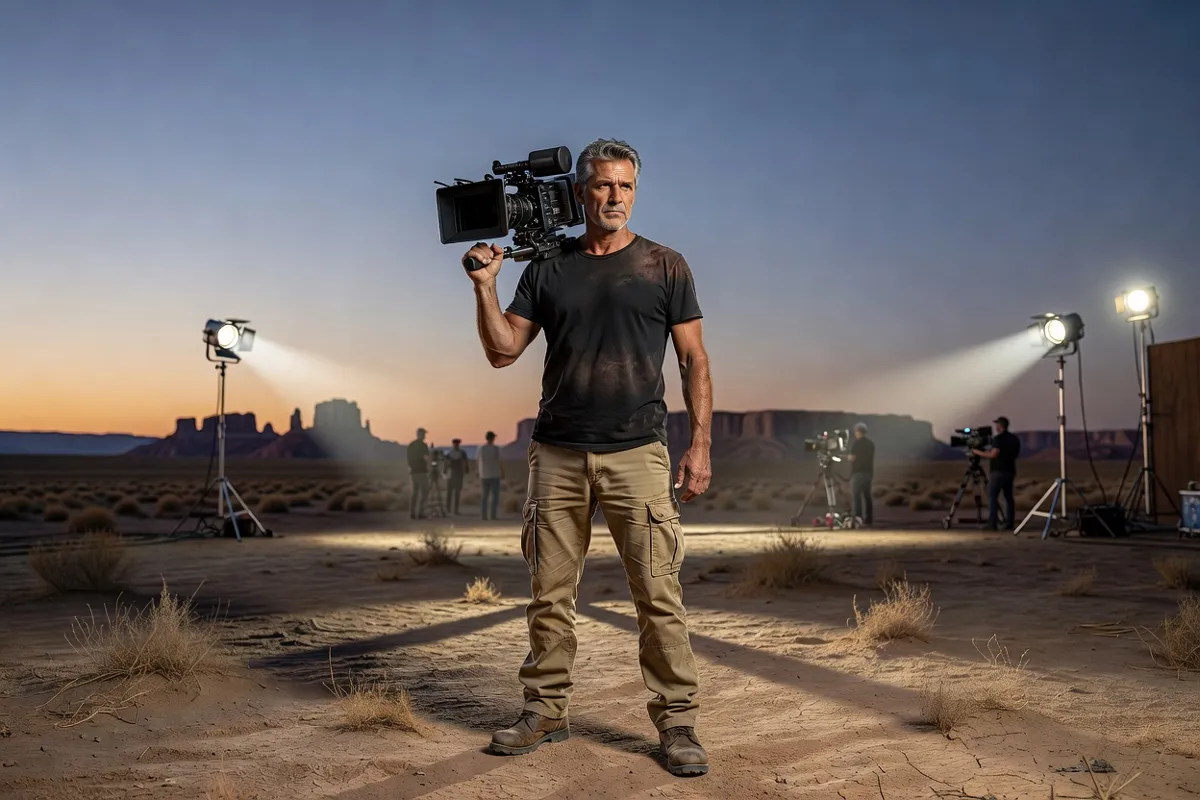 Réalisateur avec une caméra sur un plateau de tournage au crépuscule