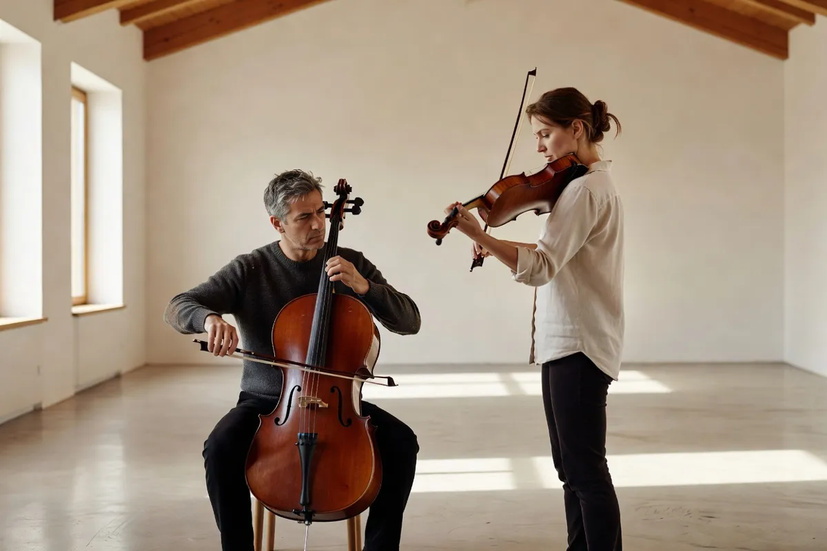 Violoncelliste et violoniste en répétition dans un studio lumineux