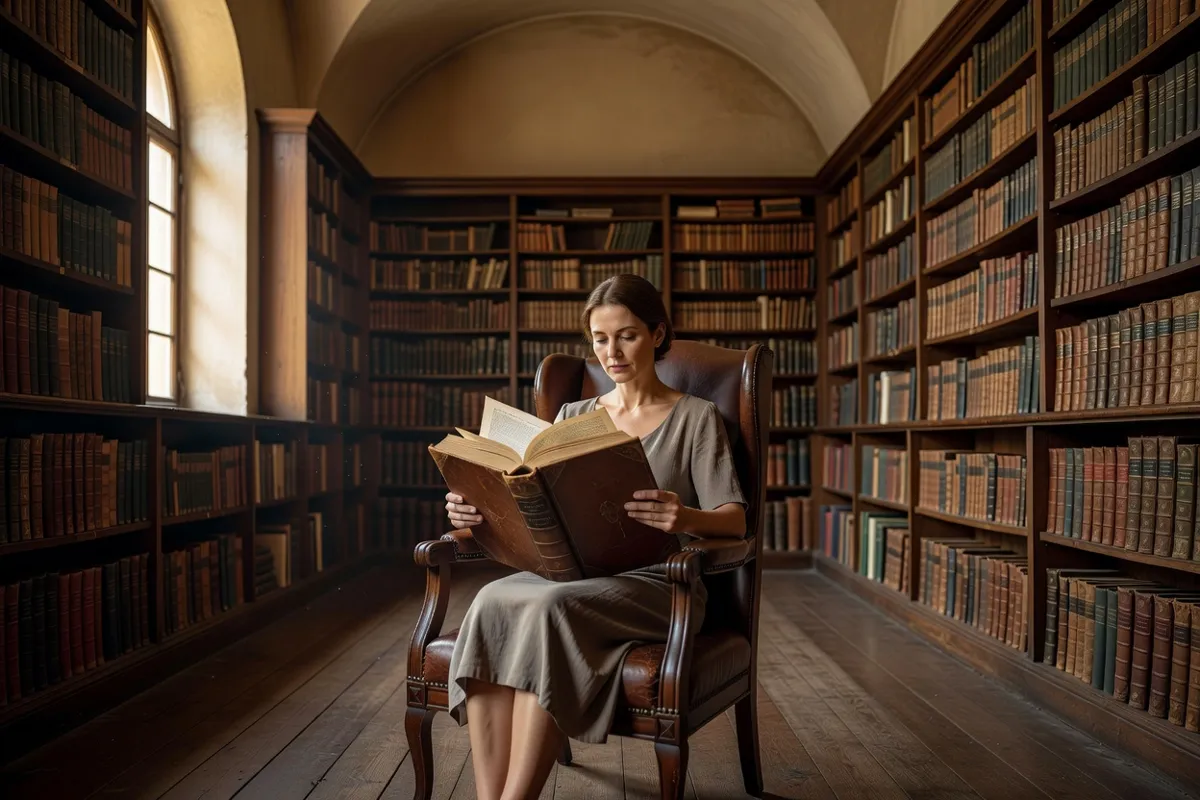 Lectrice plongée dans un gros roman relié cuir dans une vieille bibliothèque