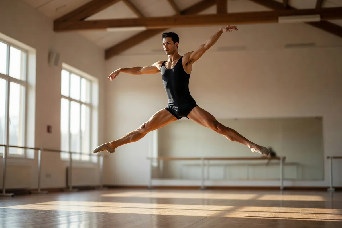 Danseur de ballet en plein saut dans un studio de répétition lumineux