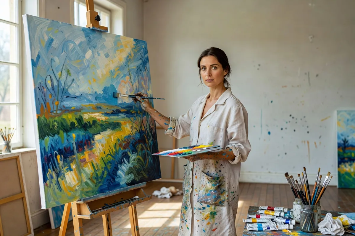 Peintre dans un atelier lumineux devant une grande toile