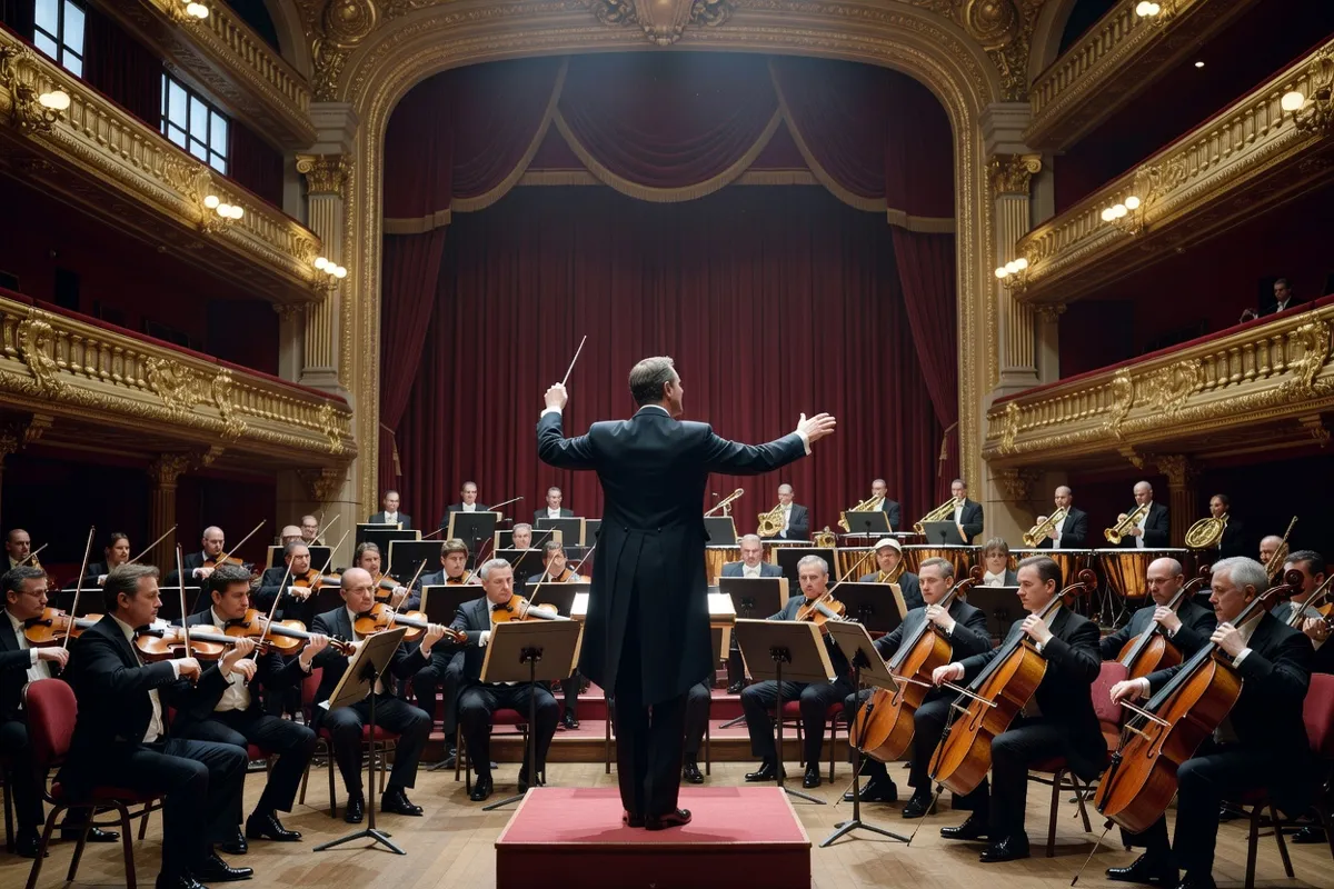 Orchestre symphonique dirigé par un chef vu de dos dans une salle de concert aux balcons dorés