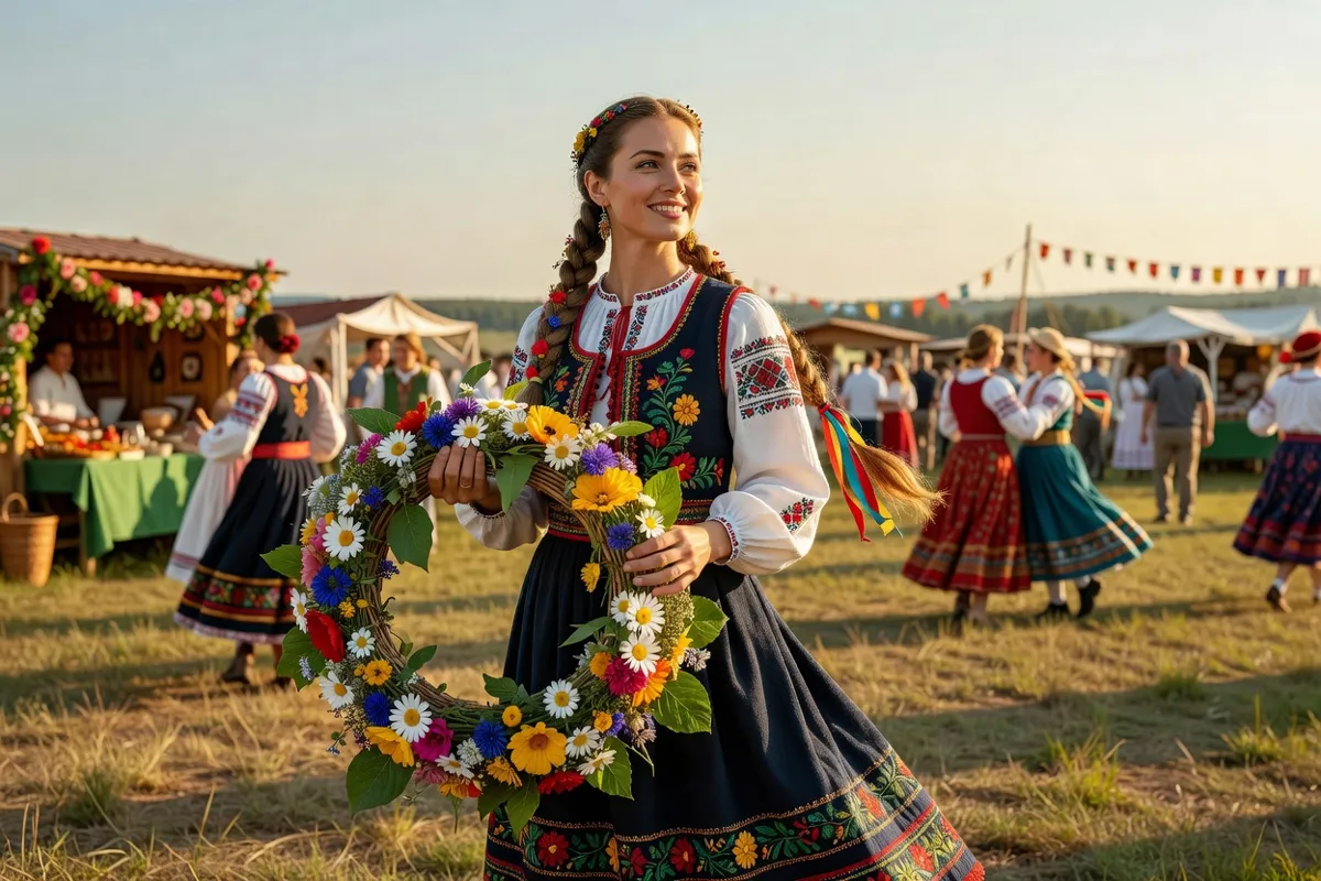 Femme en costume folklorique tenant une couronne de fleurs lors d'un festival d'été