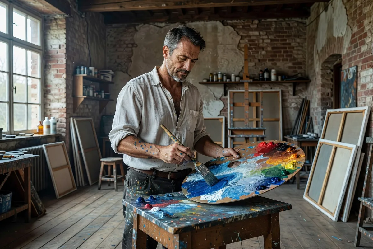 Peintre mélangeant des couleurs sur sa palette dans un atelier rustique éclairé au nord