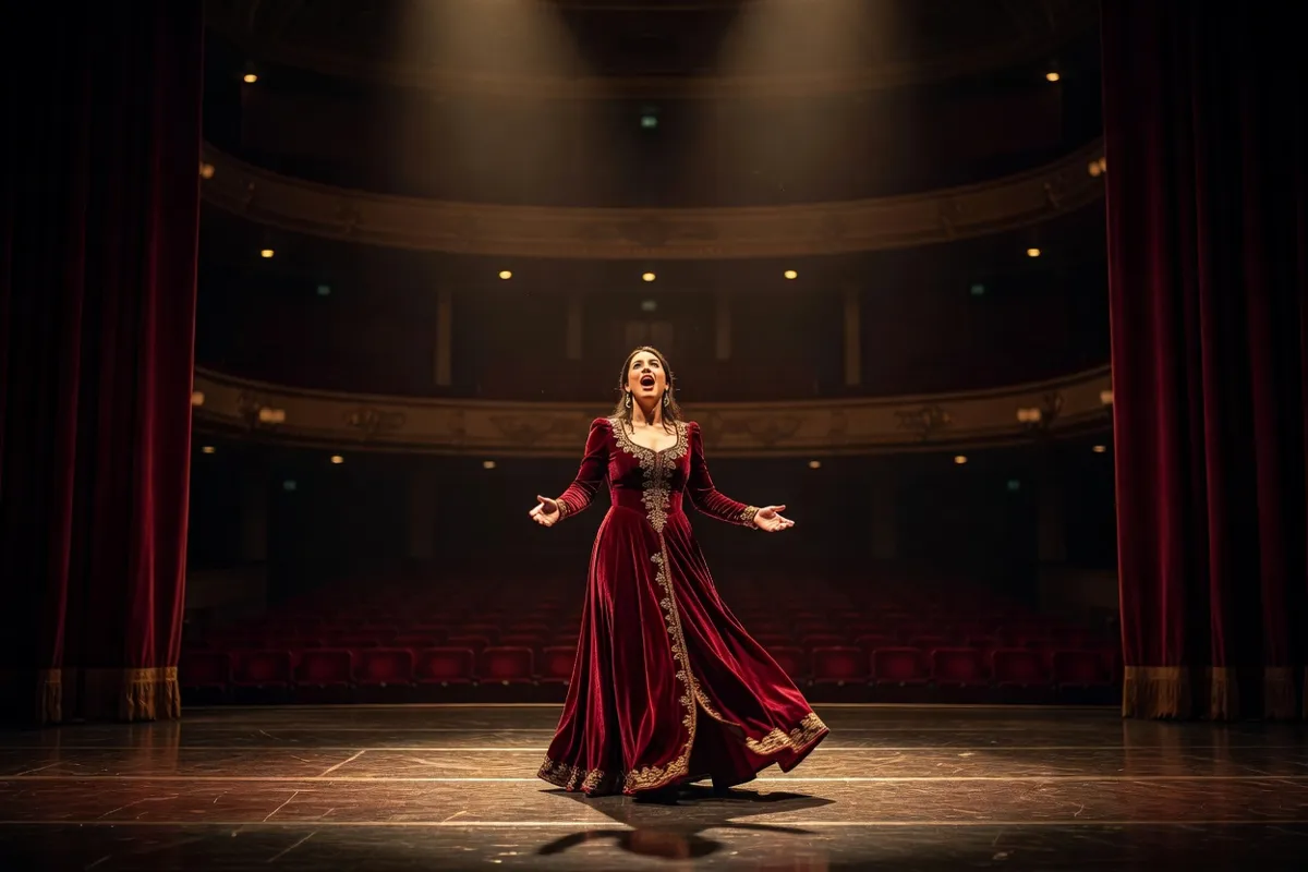 Chanteuse d'opéra en longue robe sur une scène sous des projecteurs chauds