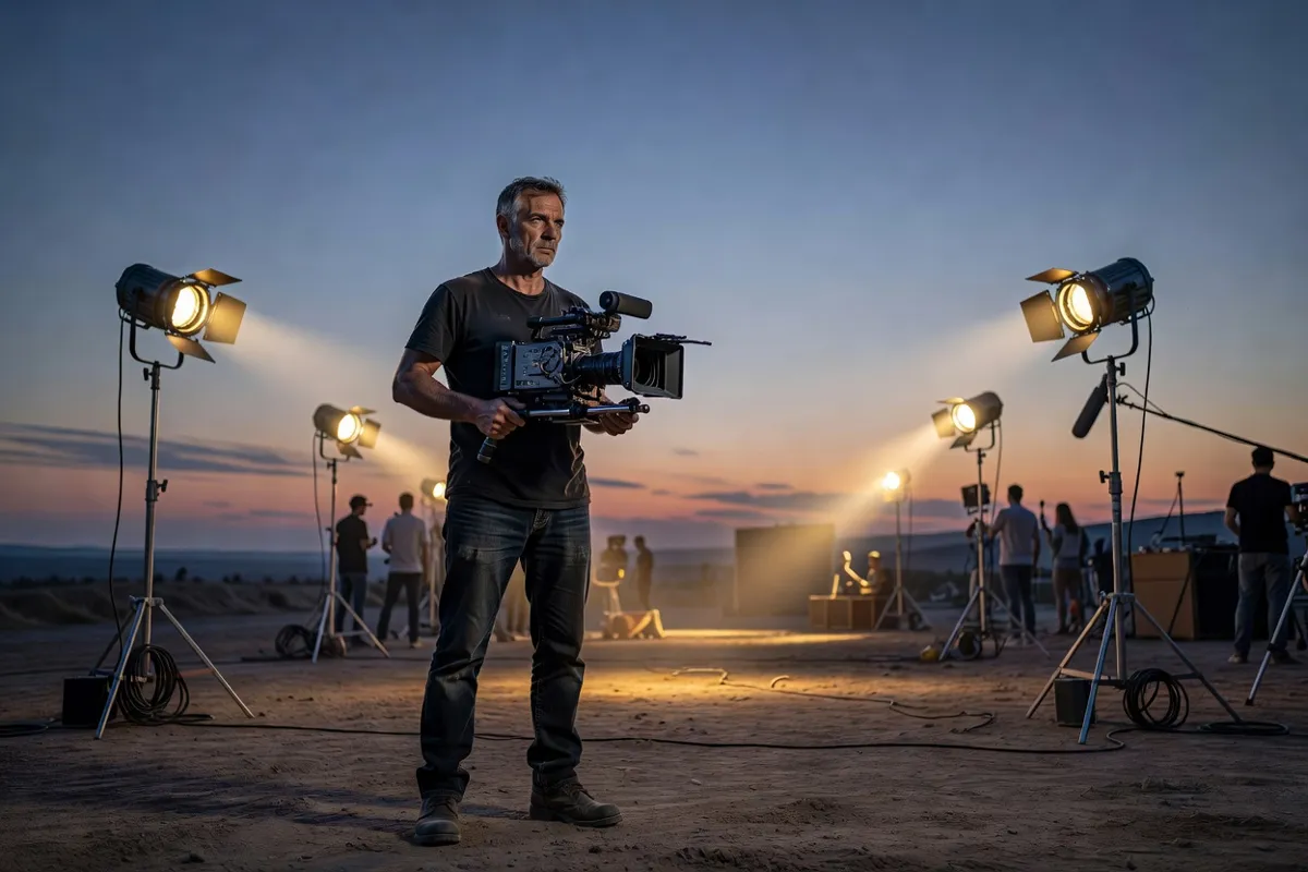 Réalisateur avec une caméra sur un plateau de tournage au crépuscule