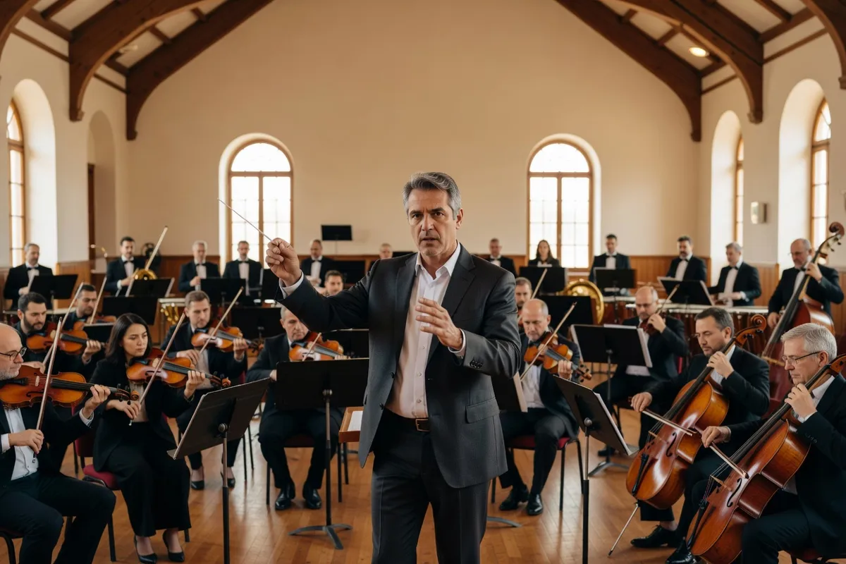 Chef d'orchestre baguette en main répétant avec son orchestre dans une salle de répétition