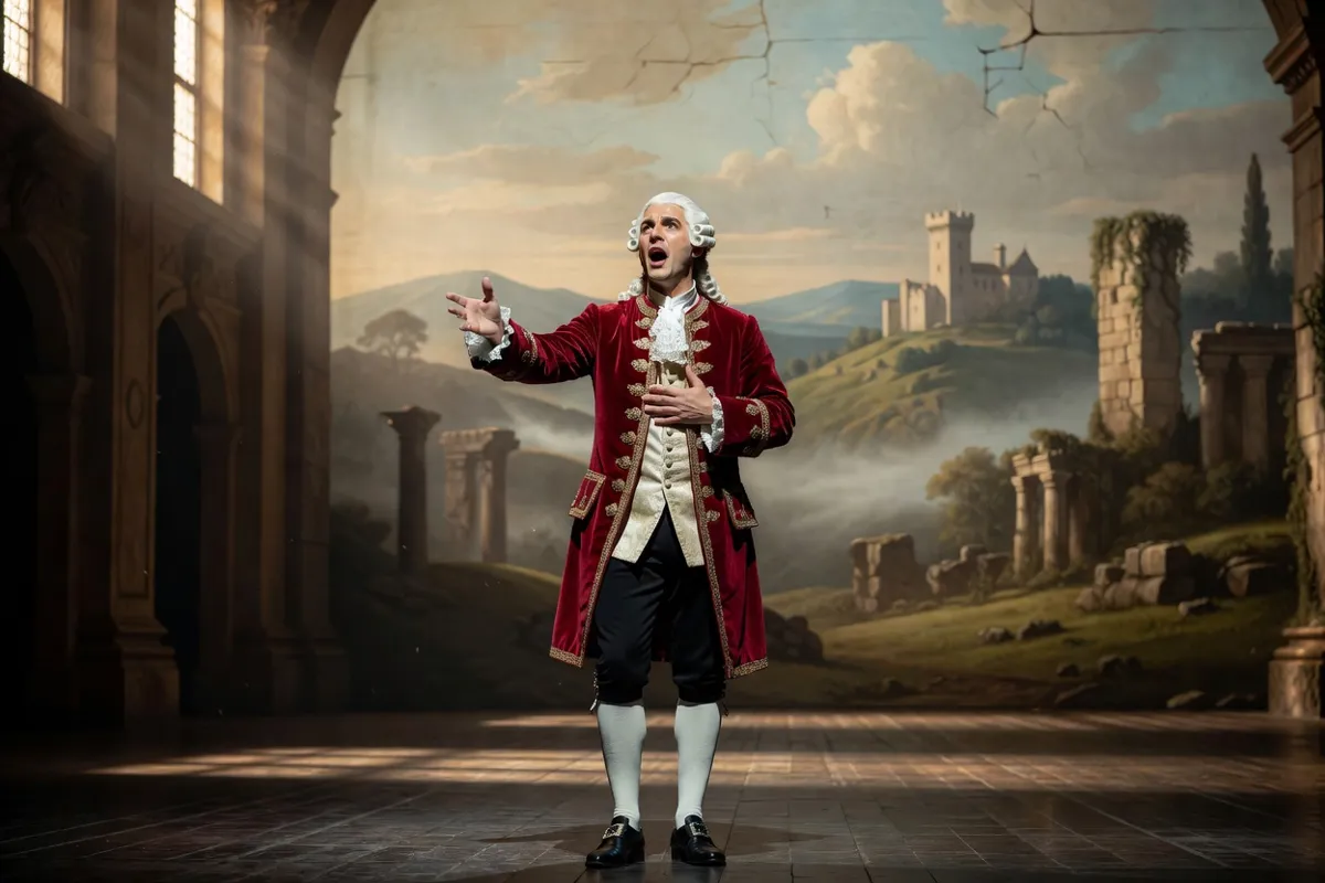 Chanteur d'opéra en costume historique sur une scène au décor peint