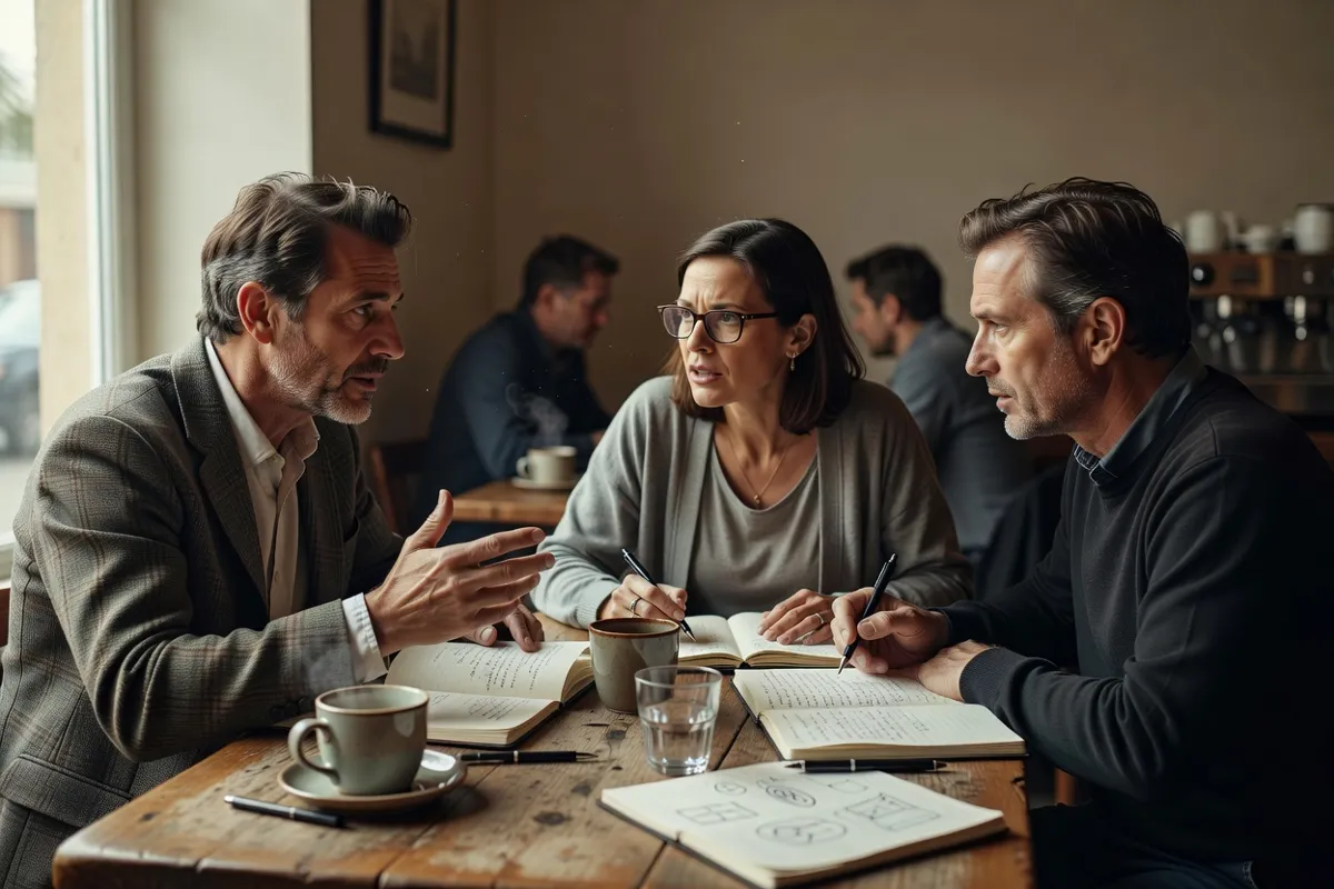 Critiques de cinéma discutant dans un café après une projection, carnets sur la table