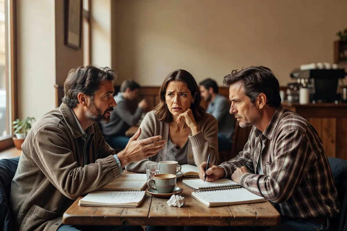 Critiques de cinéma discutant dans un café après une projection, carnets sur la table