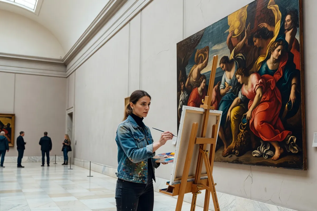 Étudiante en art copiant un tableau dans un musée devant son chevalet