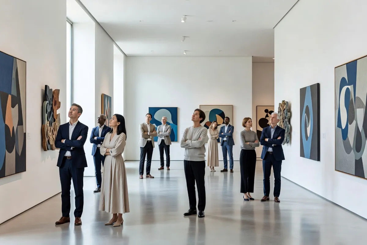 Visiteurs dans un hall de musée moderne regardant des œuvres sur des murs blancs