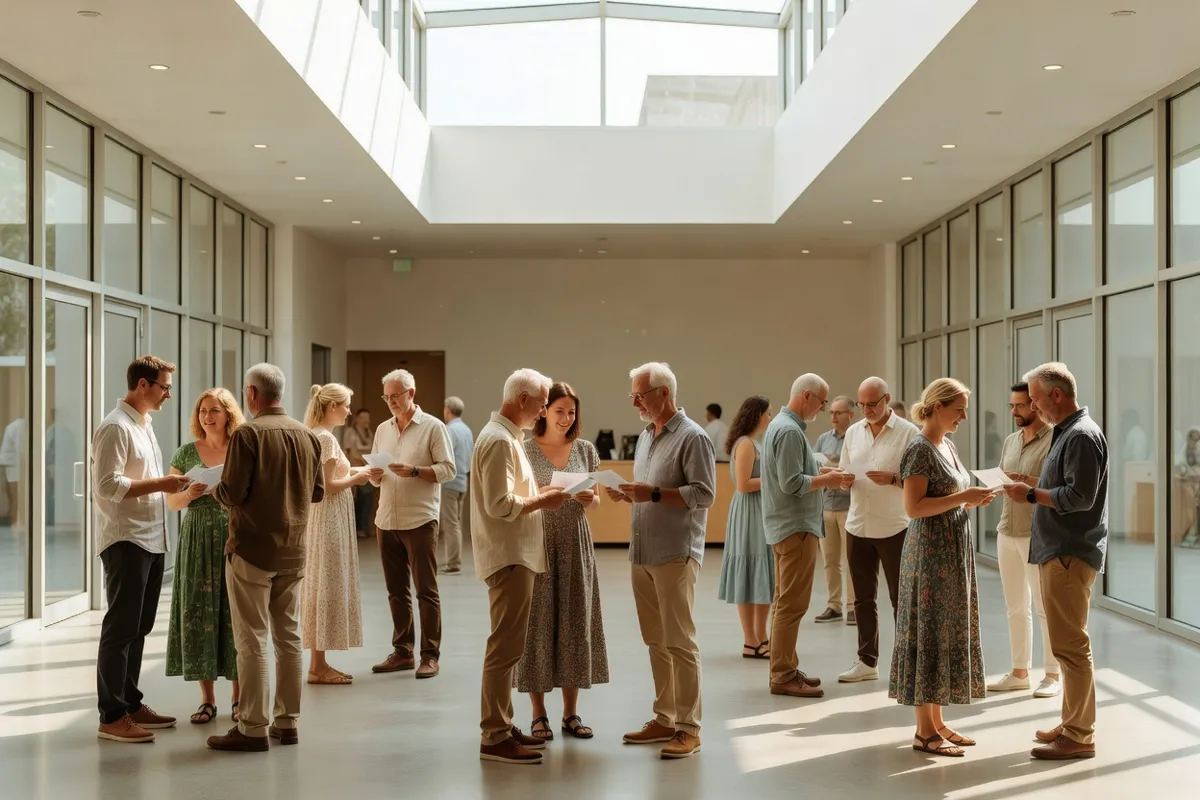 Spectateurs avec programmes réunis dans le foyer lumineux d'un centre culturel