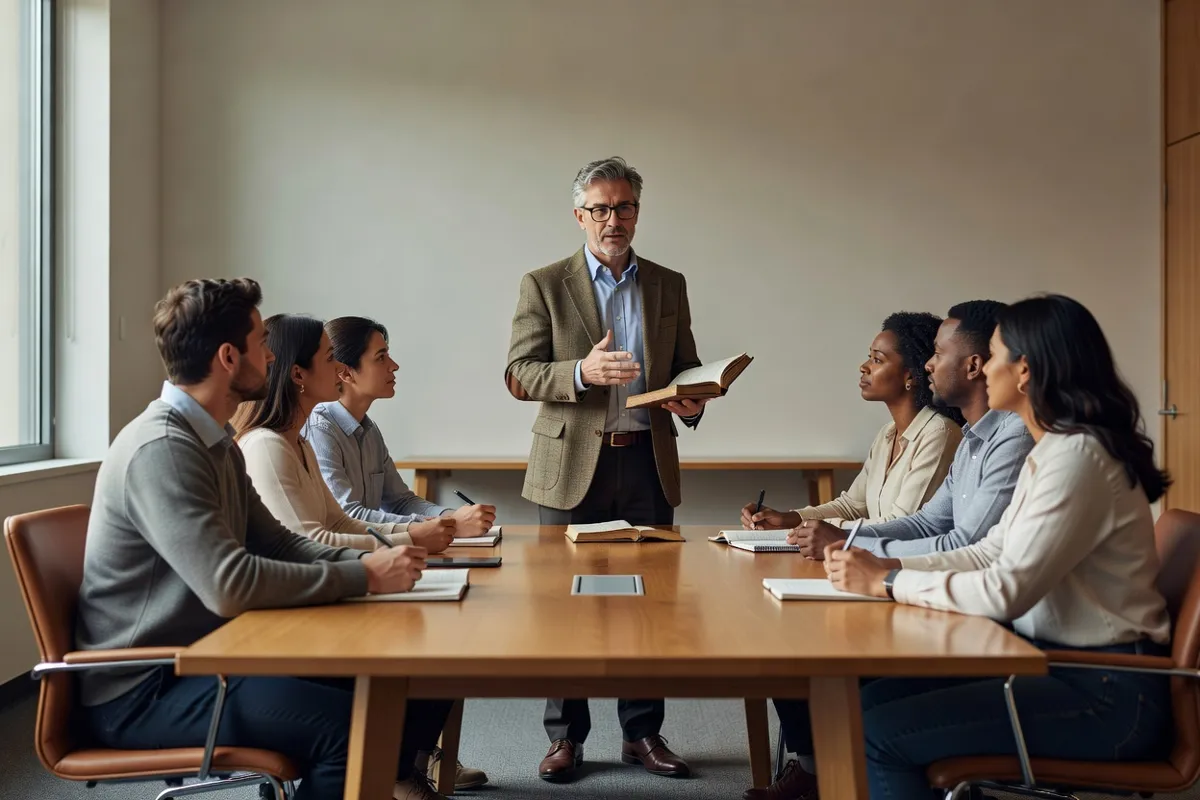 Professeur, livre en main, face à un petit groupe d'étudiants adultes en séminaire