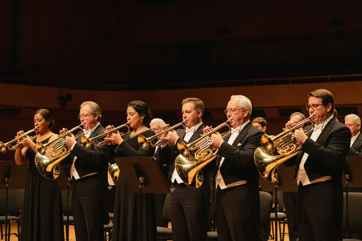 Cuivres d'un orchestre jouant trompettes et cors sous une lumière chaude de scène