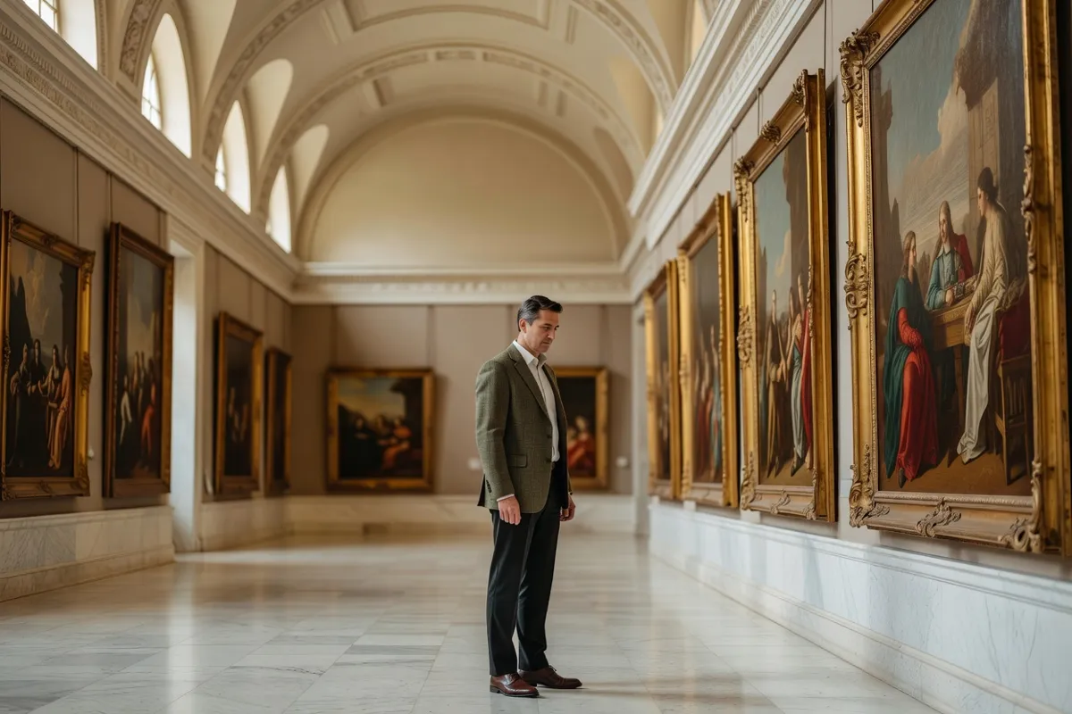 Visiteur devant de grands tableaux encadrés dans une galerie de musée classique