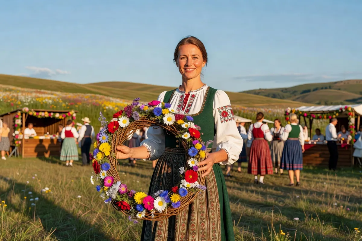 Femme en costume folklorique tenant une couronne de fleurs lors d'un festival d'été
