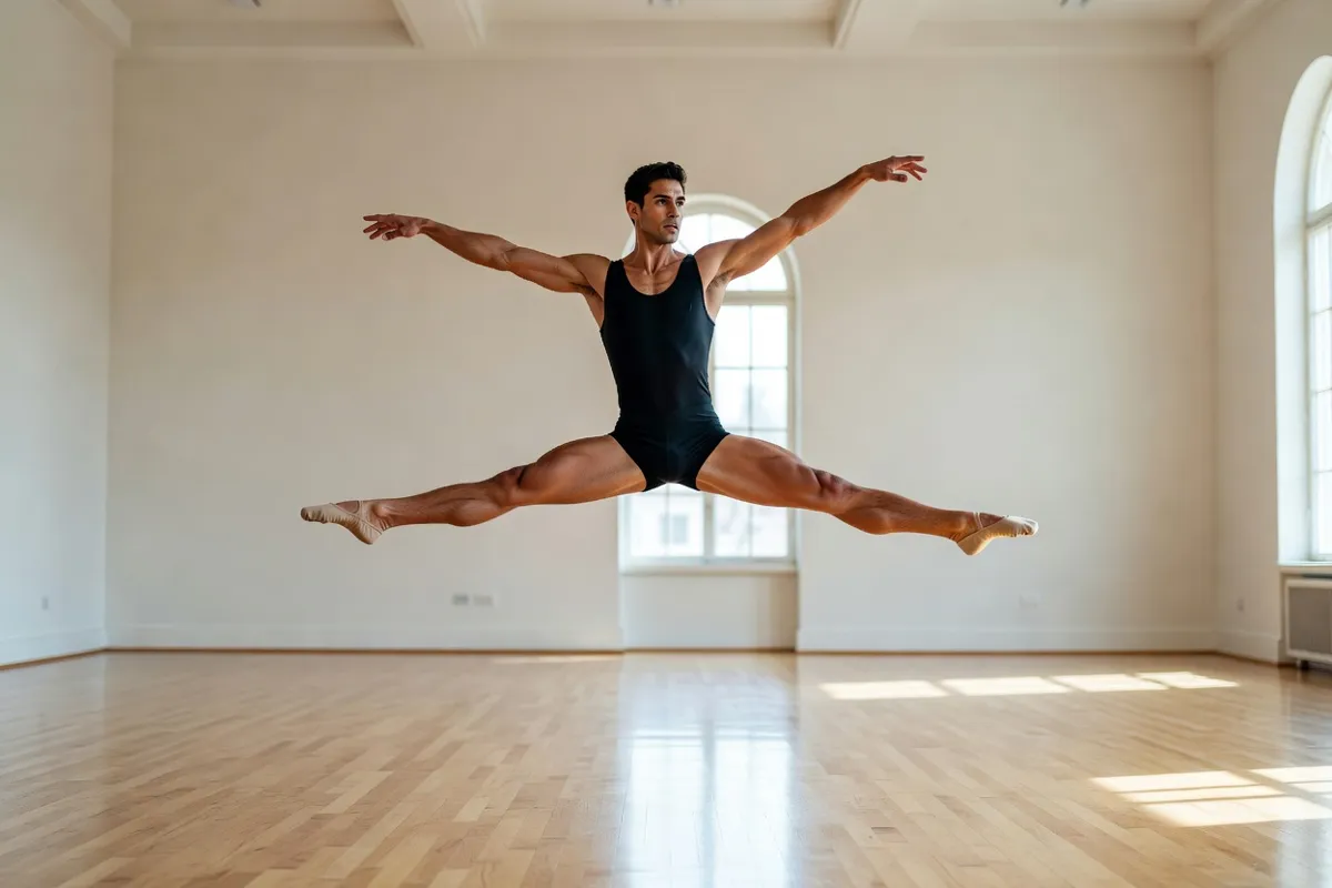 Danseur de ballet en plein saut dans un studio de répétition lumineux