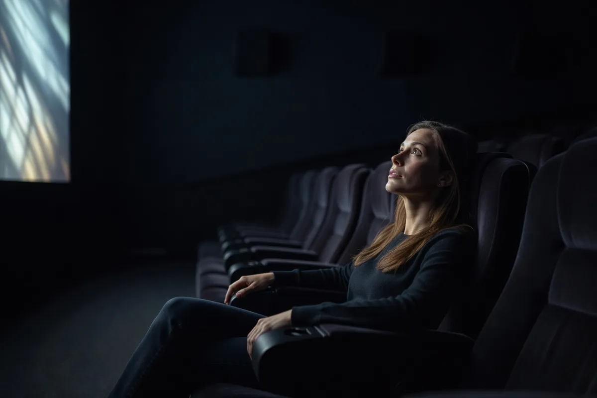 Spectatrice dans une salle de cinéma obscure, visage éclairé par l'écran