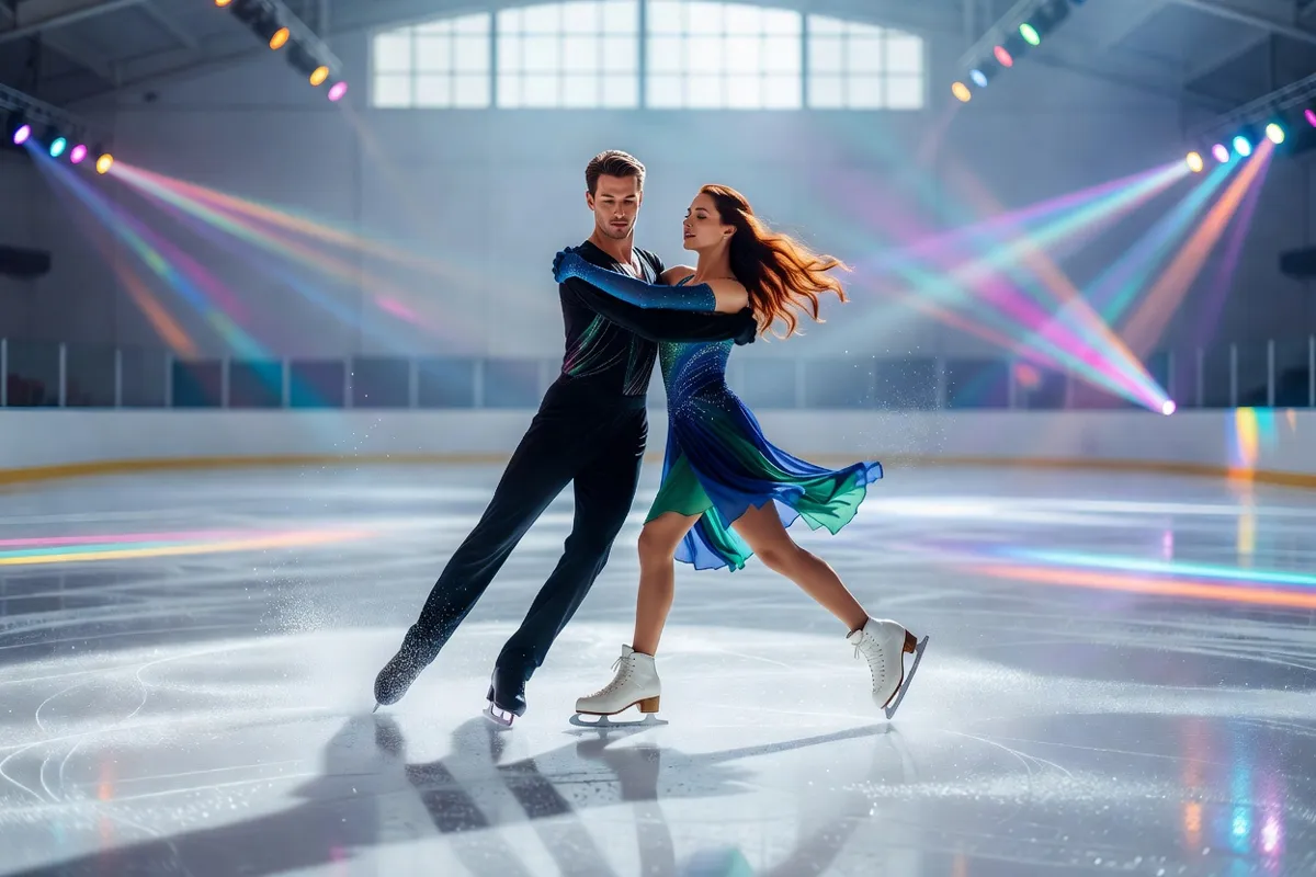 Patineurs en duo sur une patinoire aux lumières colorées