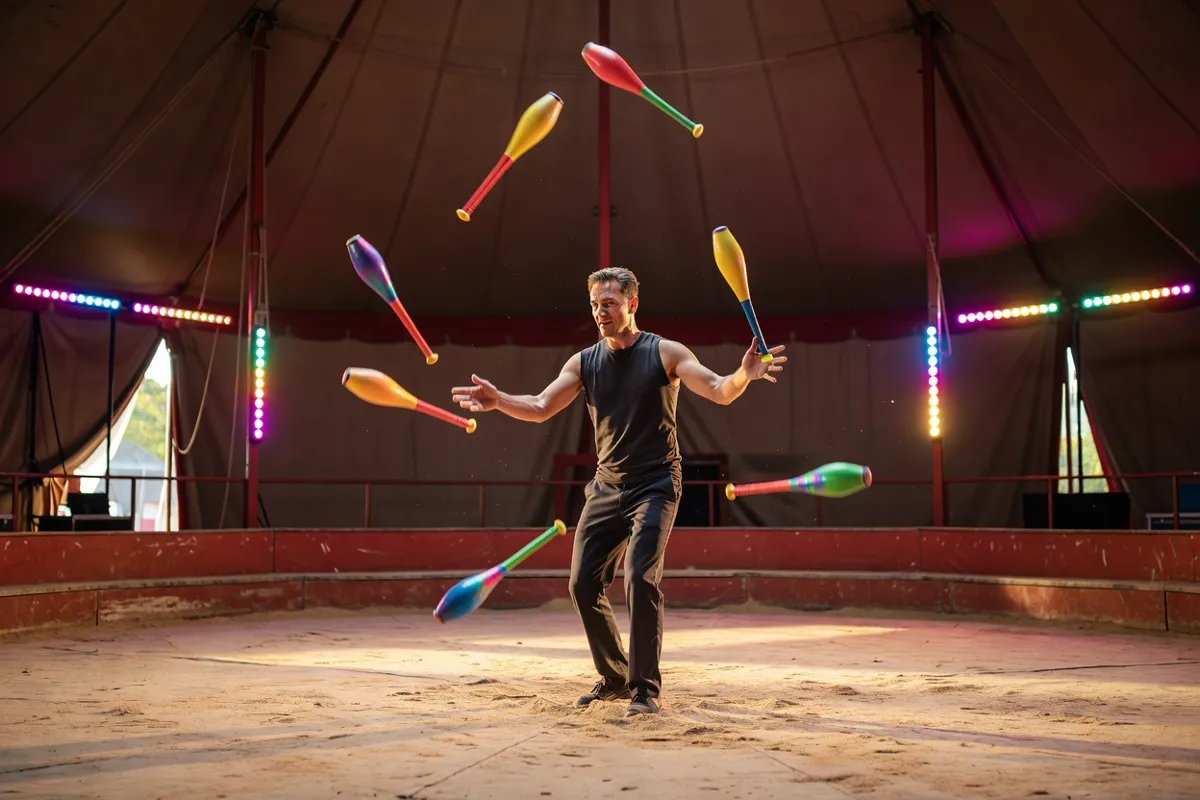 Jongleur sur la piste d'un cirque aux lumières colorées