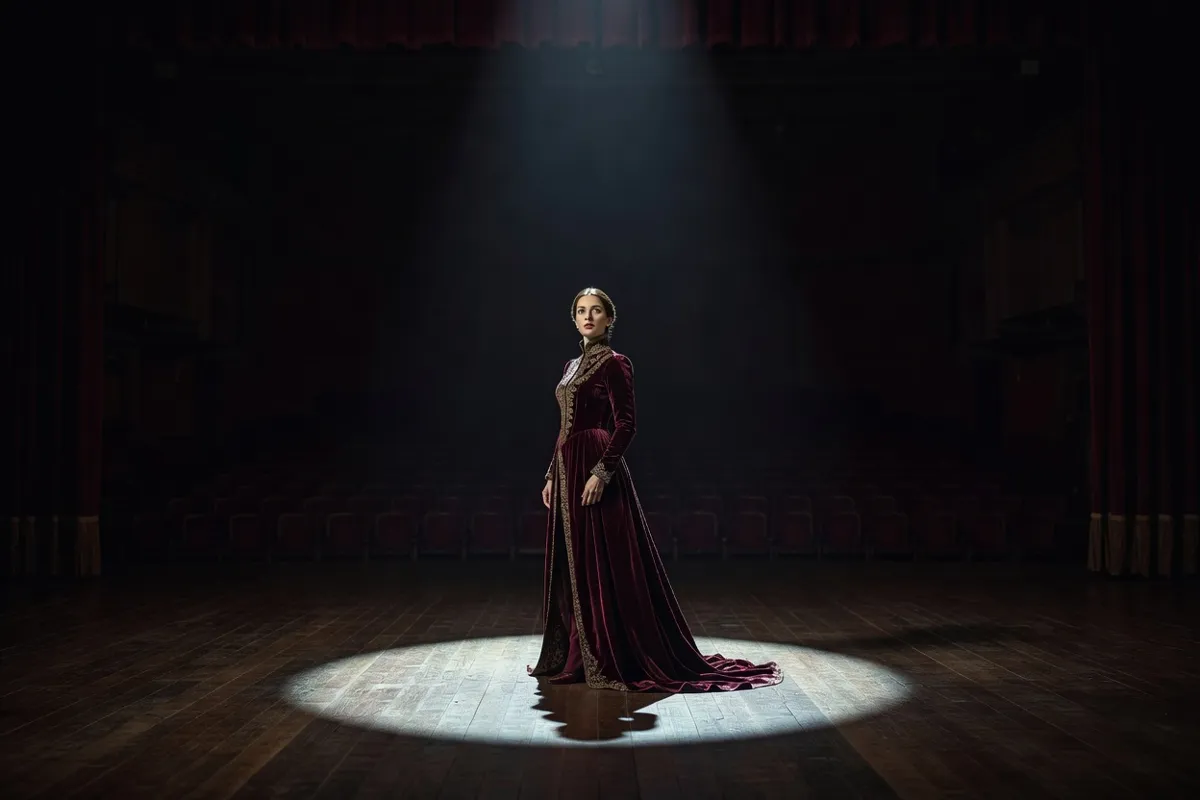 Comédienne en robe d'époque seule sur une scène sombre sous un projecteur