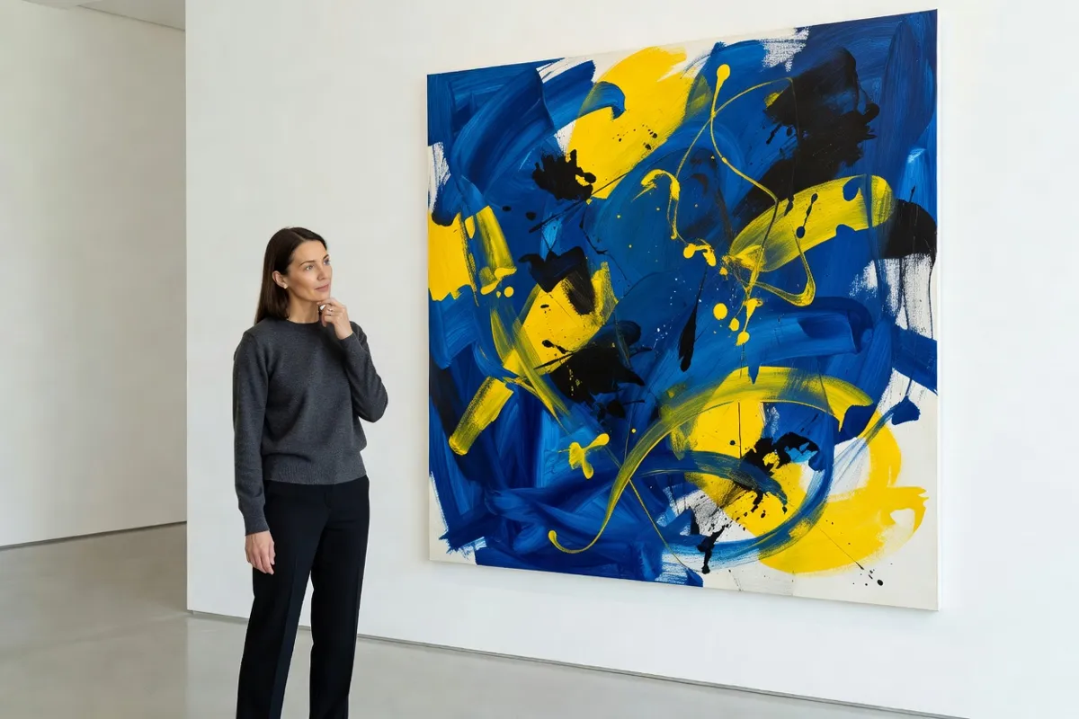 Visiteuse dans une galerie d'art contemporain devant une grande toile abstraite