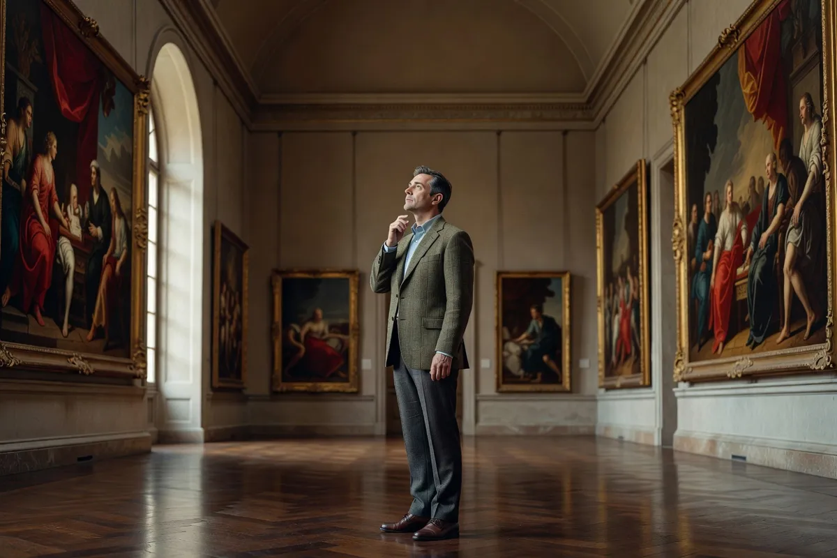 Visiteur devant de grands tableaux encadrés dans une galerie de musée classique