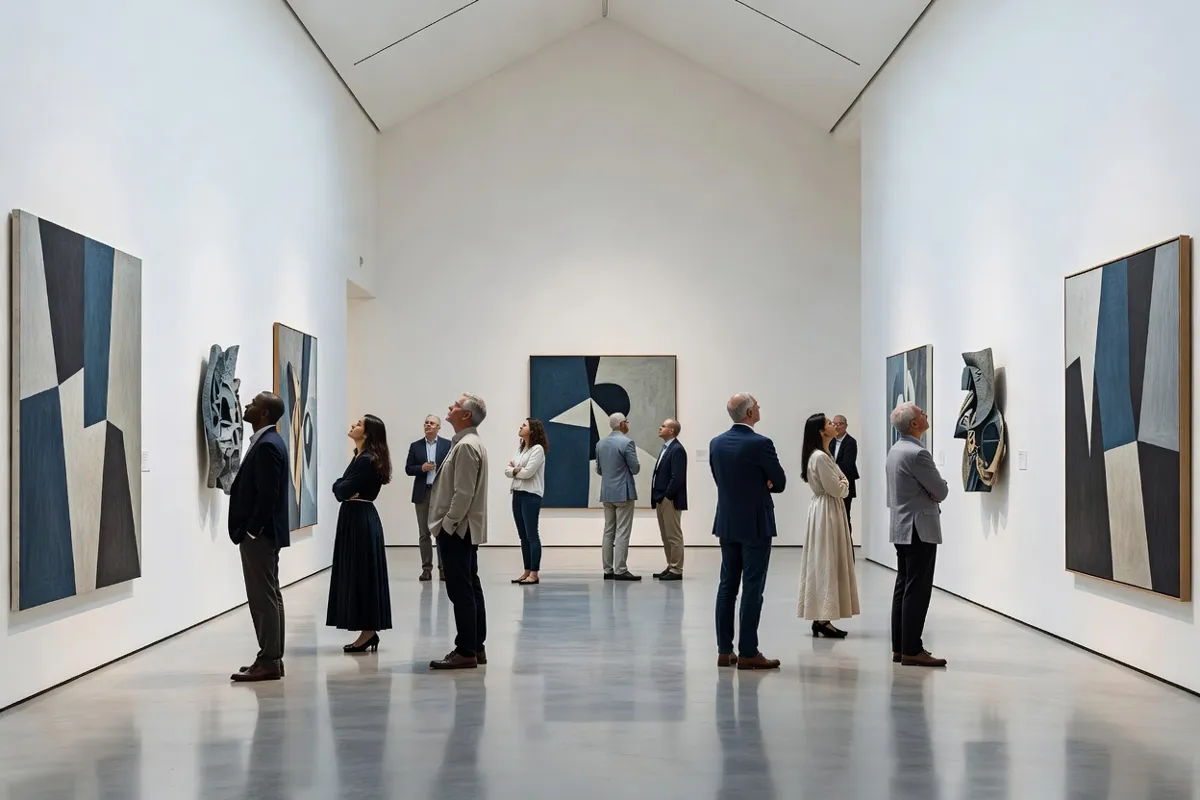 Visiteurs dans un hall de musée moderne regardant des œuvres sur des murs blancs