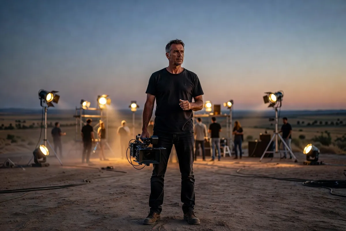Réalisateur avec une caméra sur un plateau de tournage au crépuscule