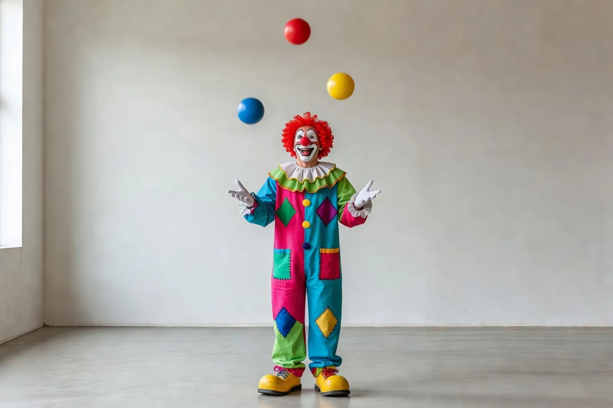 Clown en costume coloré jonglant dans une salle simple
