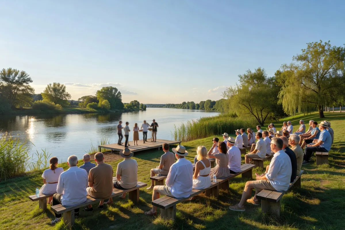 Public adulte assis sur des bancs devant une scène en plein air au bord d'une rivière