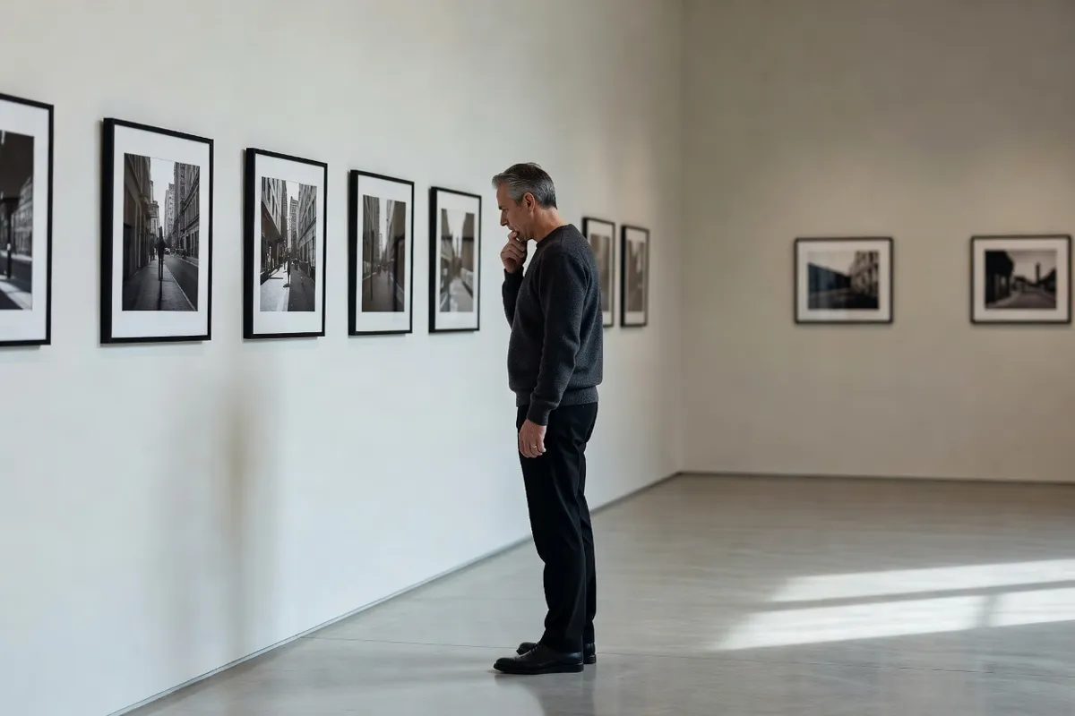 Visiteur devant des photographies noir et blanc encadrées dans une salle d'exposition calme