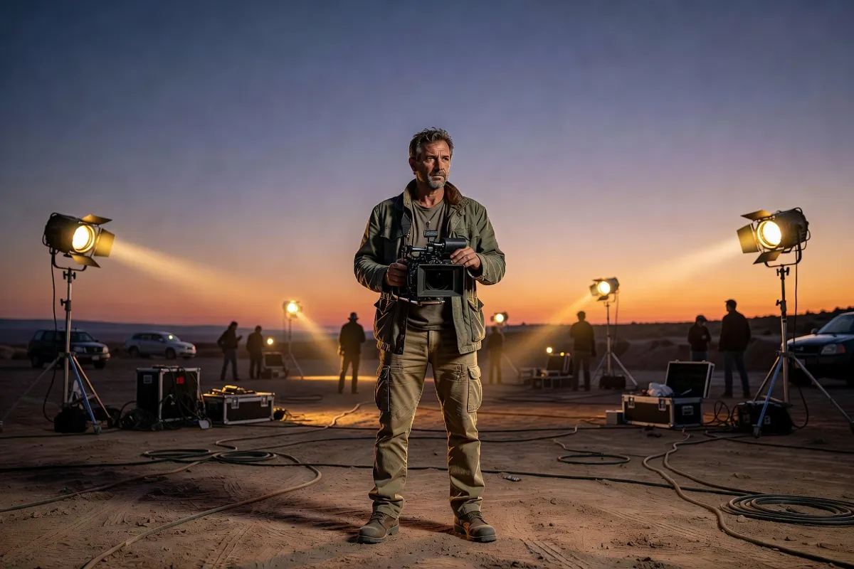 Réalisateur avec une caméra sur un plateau de tournage au crépuscule