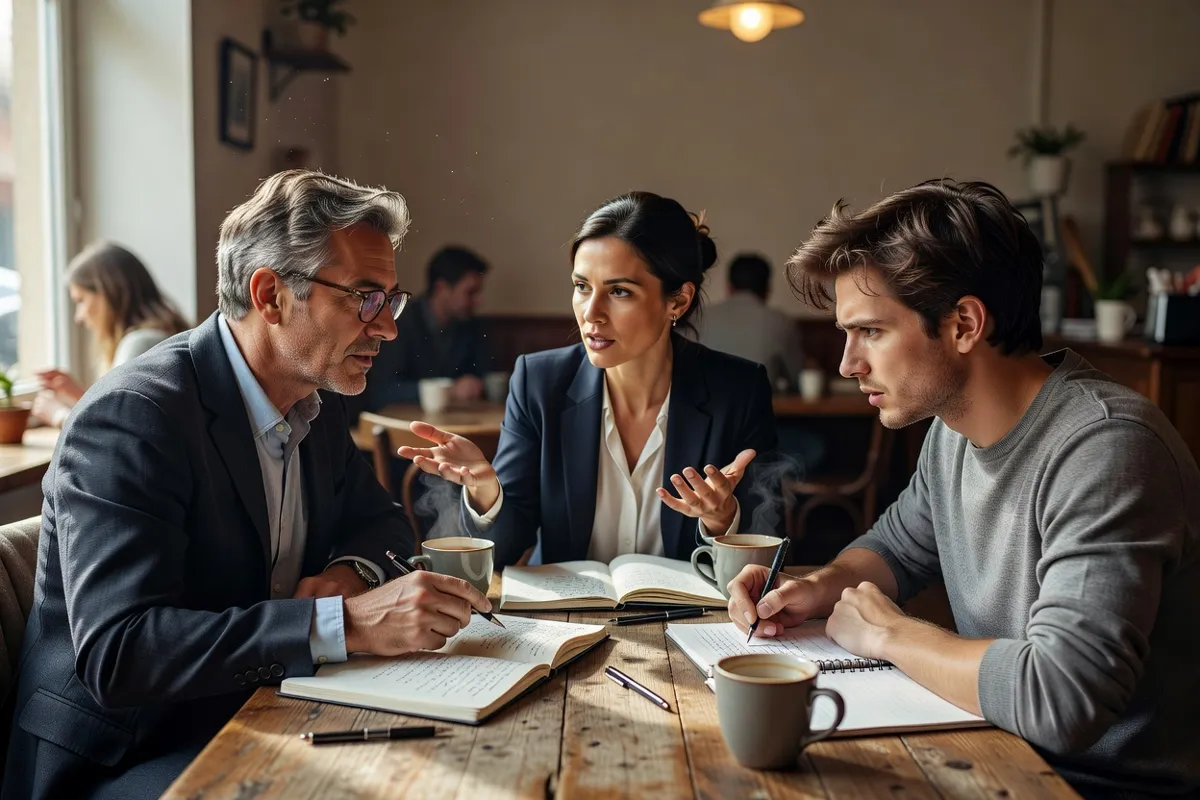 Critiques de cinéma discutant dans un café après une projection, carnets sur la table