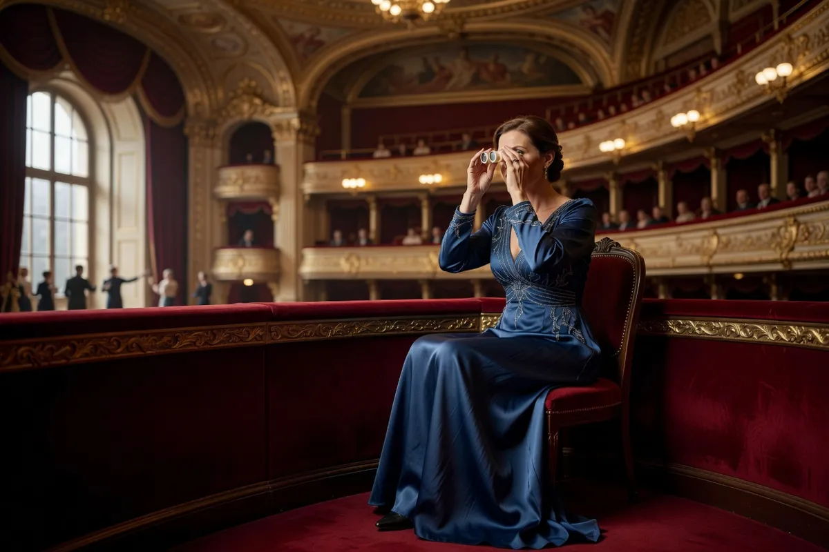 Spectatrice en robe de soirée regardant un opéra depuis une loge avec des jumelles