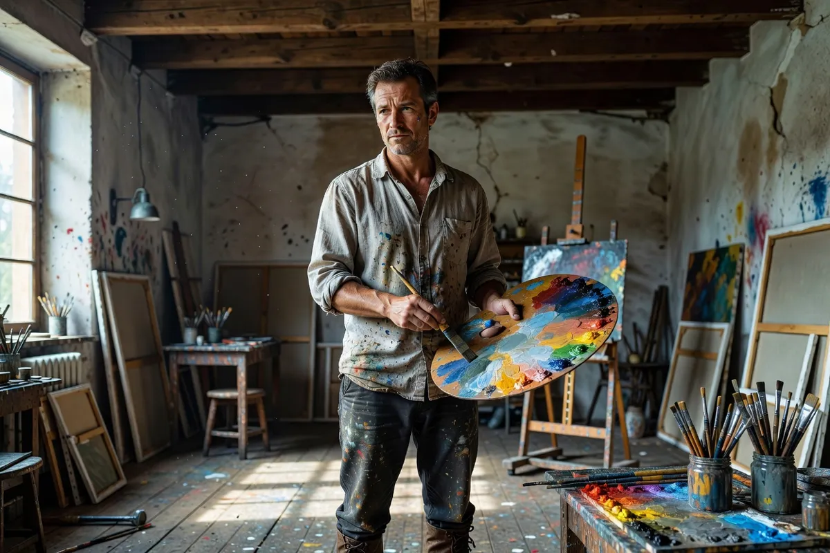 Peintre mélangeant des couleurs sur sa palette dans un atelier rustique éclairé au nord