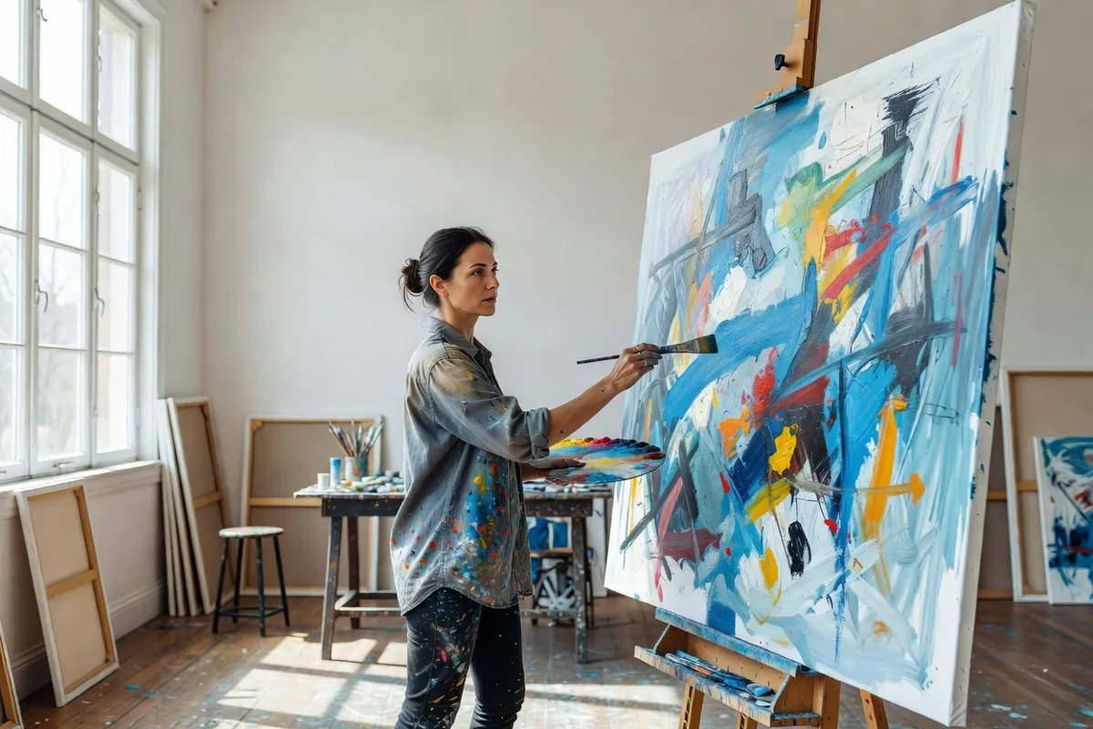 Peintre dans un atelier lumineux devant une grande toile