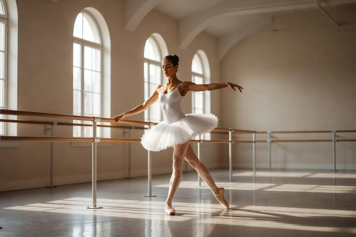 Danseuse en tutu blanc répétant à la barre dans un studio lumineux