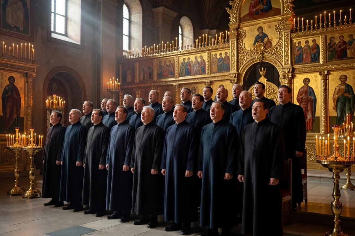 Chœur d'hommes en habits sombres chantant dans une église orthodoxe aux icônes dorées