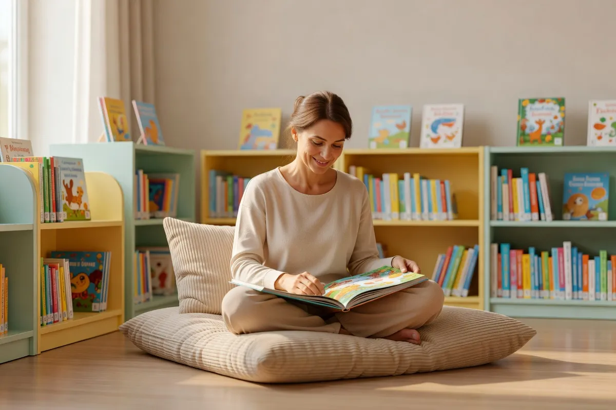 Lectrice dans un coin cosy d'une bibliothèque jeunesse feuilletant un album illustré