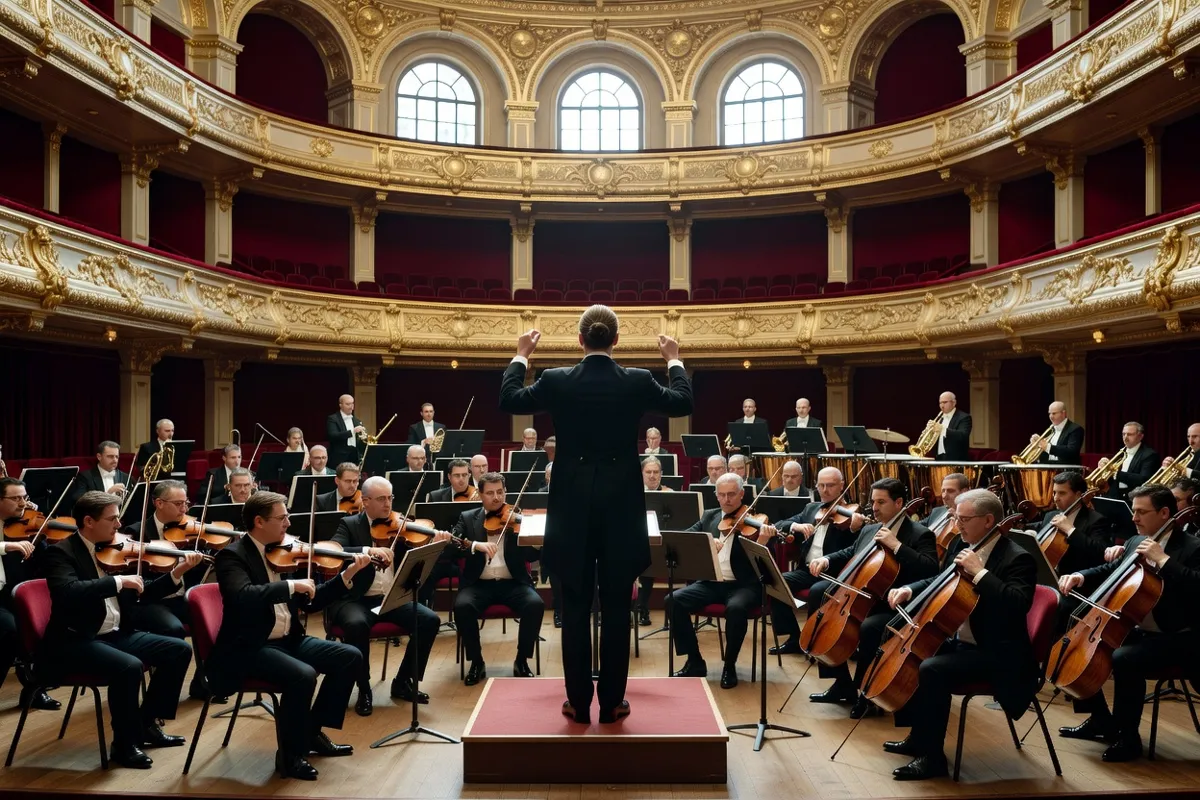 Orchestre symphonique dirigé par un chef vu de dos dans une salle de concert aux balcons dorés