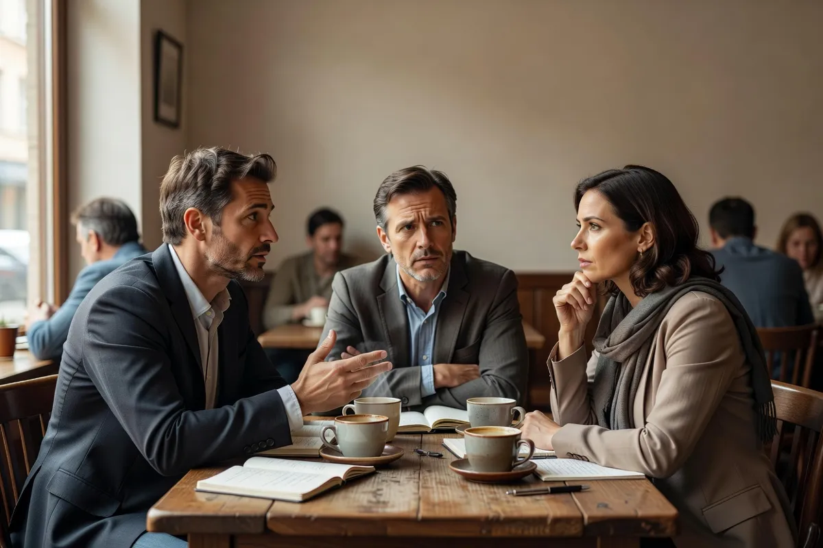 Critiques de cinéma discutant dans un café après une projection, carnets sur la table