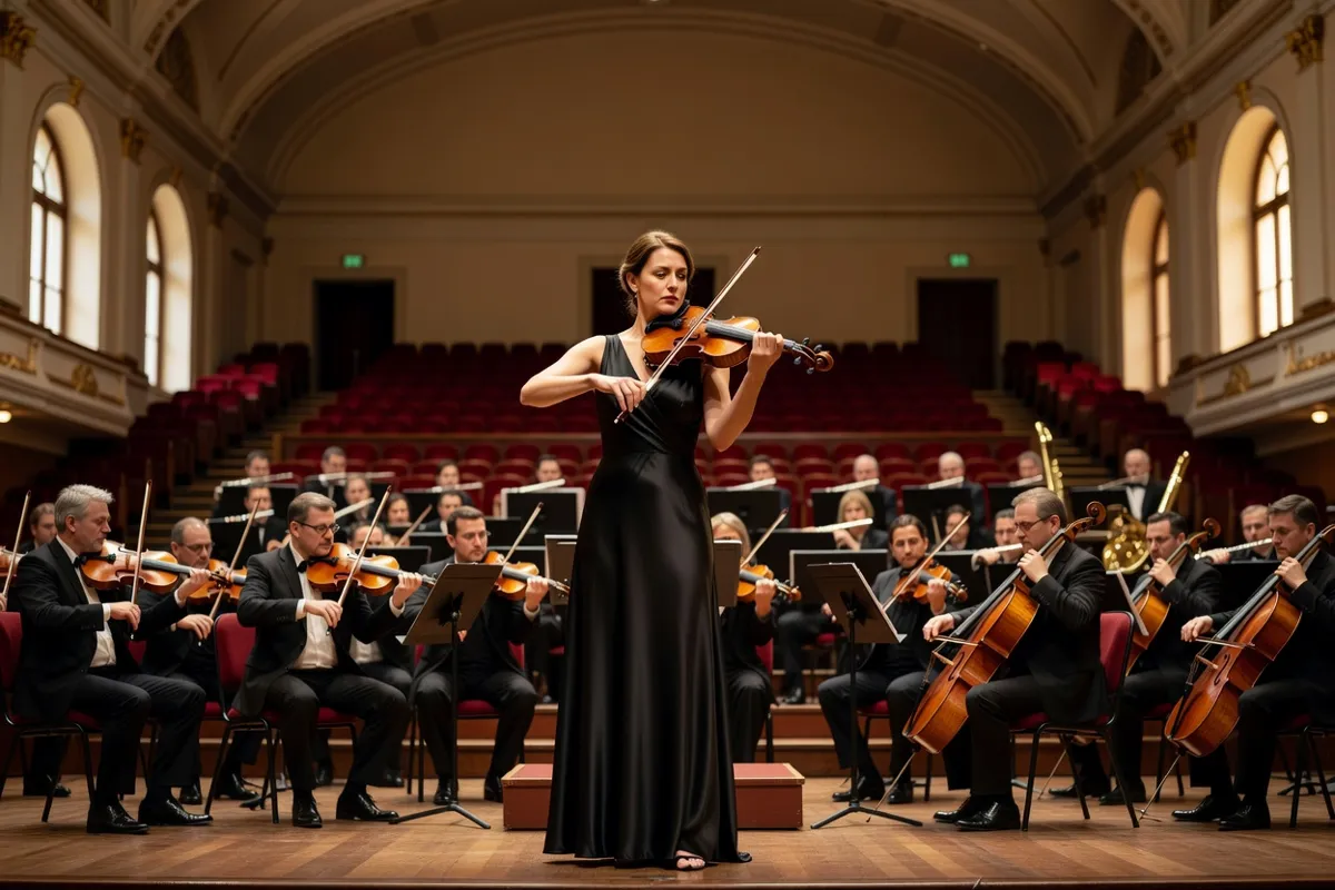 Violoniste soliste debout face à un orchestre dans une salle de concert